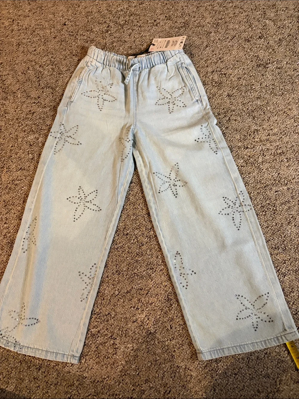 Zara Light Blue Starfish-Stud Wide Leg Jeans